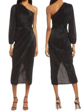 Saylor Alora One Shoulder Black Metallic Pleated Midi Dress S